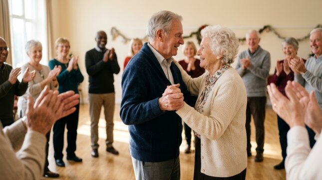 Joyful elderly couple dancing romantically while friends applaud at a holiday gathering in a bright, polished community hall.