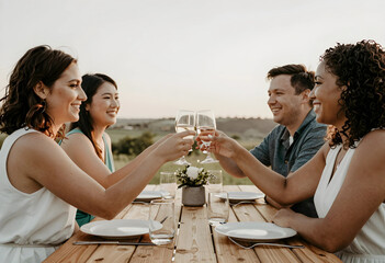 Naklejka premium Diverse group of friends toasting with wine glasses at an outdoor dinner party, celebrating friendship and togetherness, They are celebrating friendship and togetherness