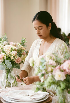 Woman arranging floral centerpieces and setting a table for an elegant event or wedding reception, Preparations for a wedding reception or a sophisticated dinner gathering
