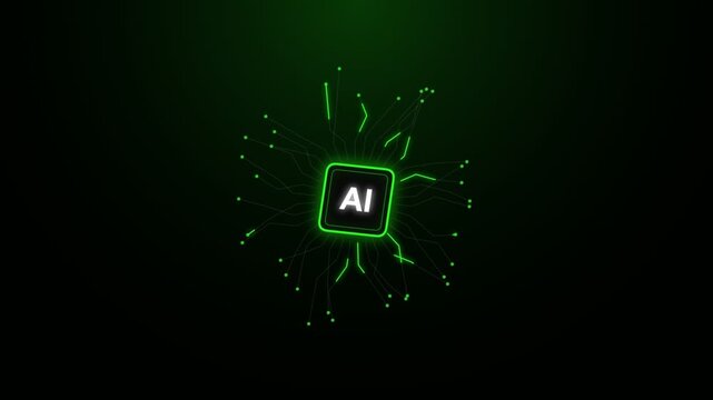 Ai processor chip with glowing green data lines
