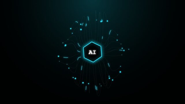 Artificial intelligence neon glowing hexagon logo