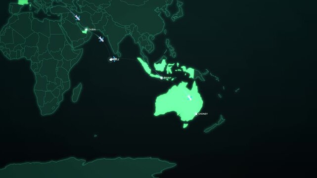Honeymoon Travel Route to Maldives and Bali on Dark Map, Paris Dubai Sydney Animated Romantic Journey Seamless Loop, 4K