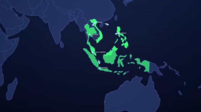 Backpacker Travel Route in Southeast Asia on Neon Vertical Map, Bangkok Hanoi Manila Jakarta Animated Motion Graphics Seamless Loop, 4K