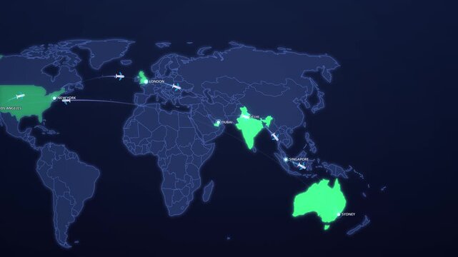 Round the World Airplane Route on Neon Map, New York London Dubai Sydney Animated Travel Motion Graphics Seamless Loop, 4K