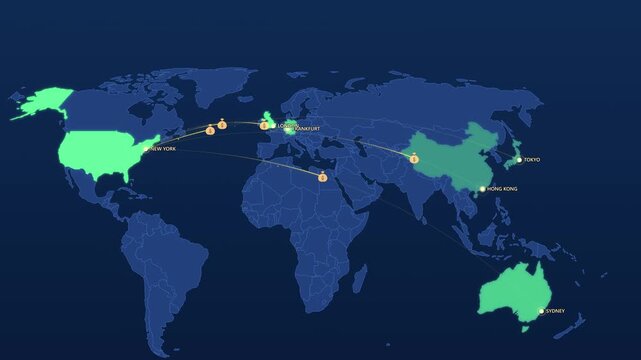 Global Stock Exchange Network on Corporate Map, New York London Tokyo Hong Kong Animated Finance Motion Graphics Seamless Loop, 4K