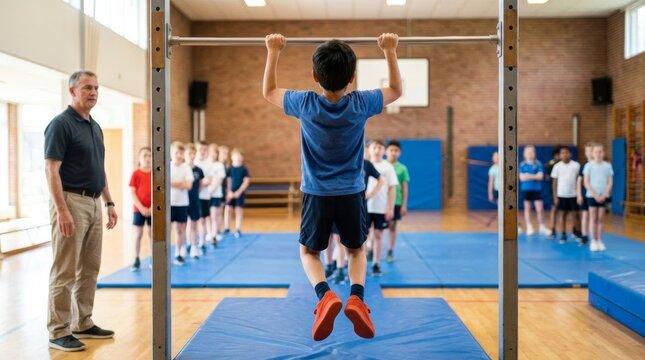 Schoolboy hangs from pull-up bar in gym class while teacher watches line of classmates, bright modern school setting