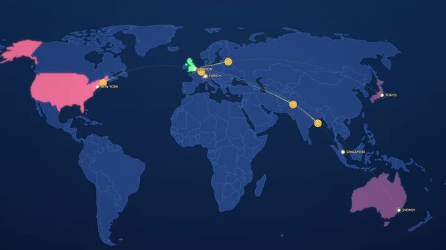 Forex Trading Network on Corporate World Map, London New York Tokyo Singapore Animated Finance Motion Graphics Seamless Loop, 4K