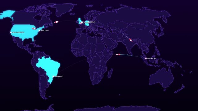 Fintech Startup Expansion Route on Cyber Map, San Francisco London Berlin Singapore Animated Business Motion Graphics Seamless Loop, 4K