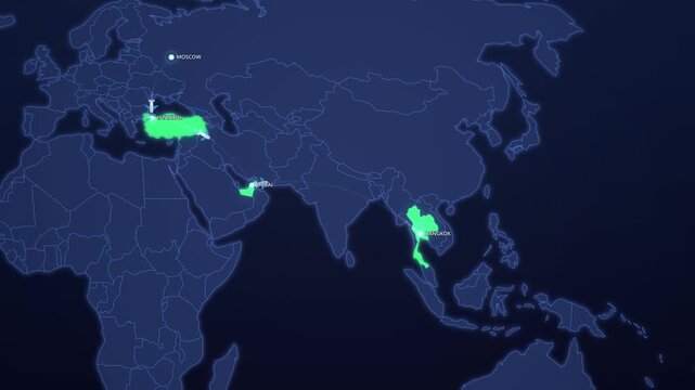 Winter Sun Escape Flight Route on Neon Map, Moscow Istanbul Dubai Bangkok Animated Travel Motion Graphics Seamless Loop, 4K