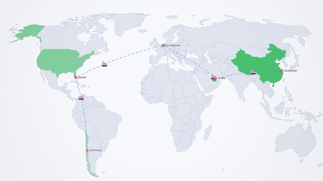 Cold Chain Export Route on Light Map, Santiago Miami Rotterdam Shanghai Animated Logistics Motion Graphics Seamless Loop, 4K