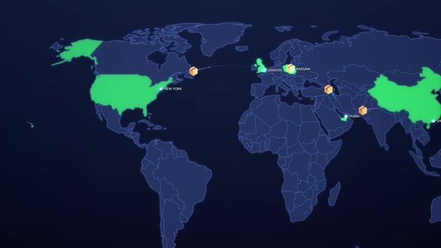Ecommerce Delivery Route on Neon Map, Shenzhen Dubai Warsaw London New York Animated Logistics Motion Graphics Seamless Loop, 4K