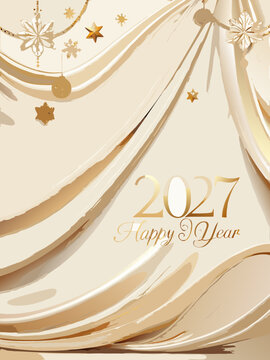 Elegant Happy New Year 2027 Background with Golden Silk Drapes