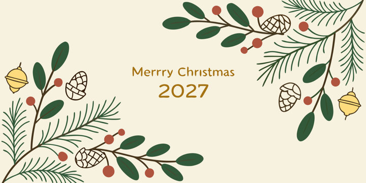 Merry Christmas 2027 Greeting Banner with Elegant Botanical Illustration