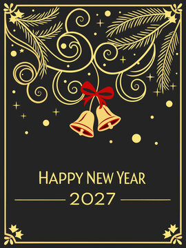 Elegant Happy New Year 2027 Greeting Card with Gold Bells