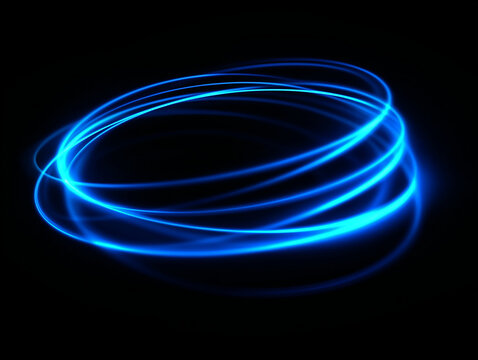 Glowing blue light trails forming an oval ring on black background. Swirling neon light streak abstract. Dynamic motion speed effect overly, conveying speed, energy and motion