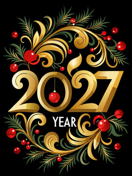 Elegant Happy New Year 2027 Festive Illustration with Golden Ornaments