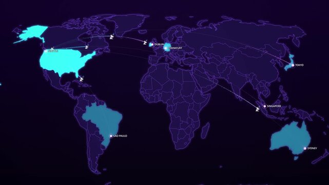 Cloud Datacenter Regions on Cyber Map, Seattle Dublin Frankfurt Singapore Sydney Animated Technology Motion Graphics Seamless Loop, 4K