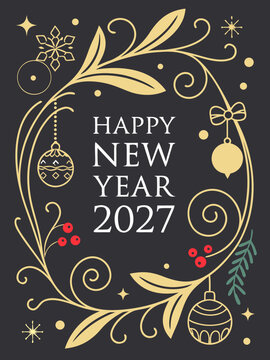 Happy New Year 2027 Elegant Festive Card with Gold Frame