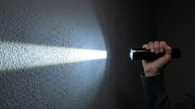 Hand holding flashlight illuminating textured wall with bright beam in dark room, highlighting texture and contrast