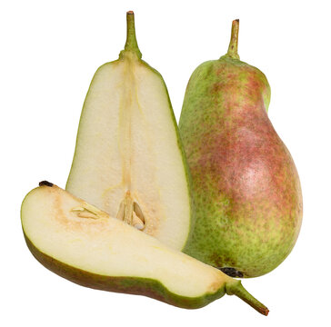 Ripe green pear with red side and stem, isolated background