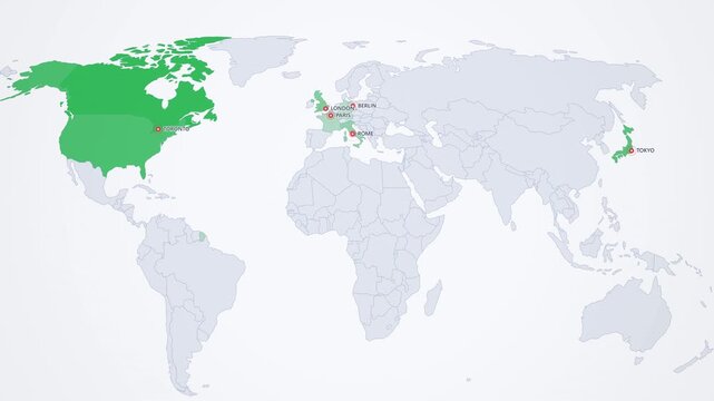 G7 Summit Countries Highlighted on Light Map, USA UK France Germany Japan Animated Politics Motion Graphics Seamless Loop, 4K