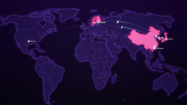 5G Network Rollout on Cyber Map, Seoul Shenzhen Tokyo Helsinki Animated Telecom Motion Graphics Seamless Loop, 4K