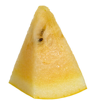 A juicy triangular slice of exotic yellow watermelon with a black stone,  isolated background.