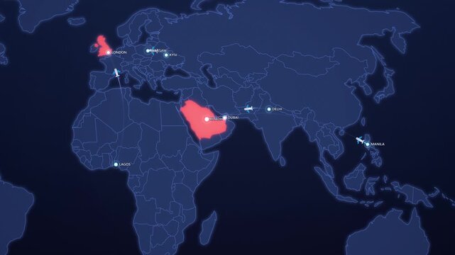 Global Migration Corridors on Neon Map, Lagos London Delhi Dubai Kyiv Warsaw Animated Demographics Motion Graphics Seamless Loop, 4K