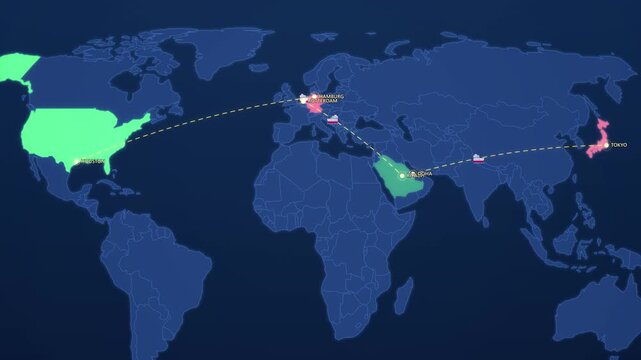 Energy Trade Routes on Corporate Map, Riyadh Rotterdam Doha Tokyo Houston Animated Industry Motion Graphics Seamless Loop, 4K