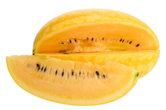 Half and a juicy slice of yellow watermelon with seeds, isolated background.