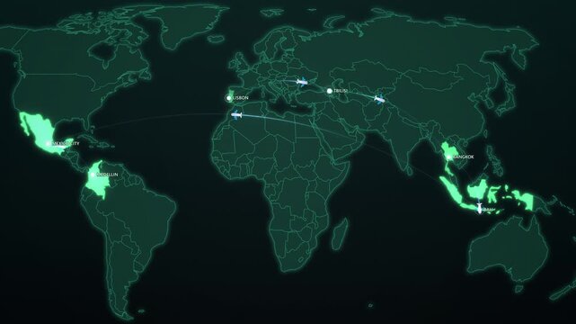 Digital Nomad Hotspots on Green Vertical Map, Lisbon Bali Bangkok Mexico City Animated Travel Motion Graphics Seamless Loop, 4K