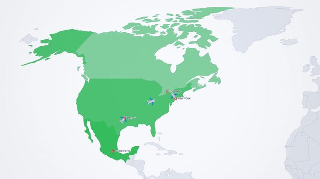Sports Fan Travel Routes on Light Map, Mexico City Dallas New York Toronto Animated Travel Motion Graphics Seamless Loop, 4K