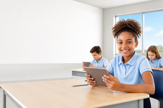 A young girl is looking at a tablet while sitting at a desk in a bright, modern classroom with other children nearby.