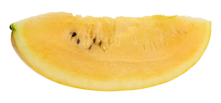 Juicy slice of a bitten yellow watermelon with seeds, isolated background.