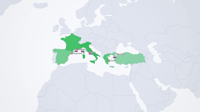Mediterranean Cruise Route on Light Map, Barcelona Rome Athens Istanbul Animated Travel Motion Graphics Seamless Loop, 4K