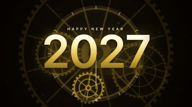 2027 year numbers with rotating clock gears background