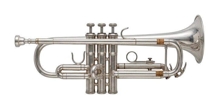 Polished silver trumpet png Shiny metallic trumpet cutout Classic orchestral trumpet png Professional wind trumpet cutout Vintage silver isolated transparent background image