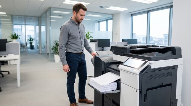 Man using a modern office copier machine to print documents in a bright workspace