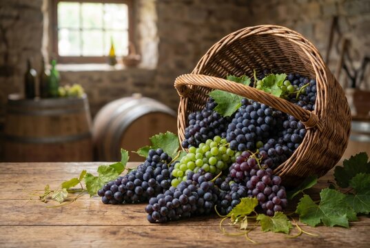 Freshly harvested grapes spilling from a wicker basket onto a wooden table. Harvest season winemaking concept. Rustic winery interior background with wine barrels and soft window lighting.