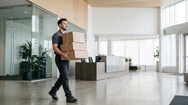 Delivery man carrying stack of boxes in modern office lobby