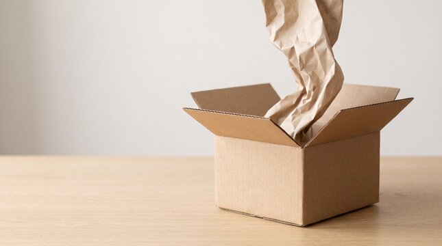 Open Cardboard Box Filled With Crumpled Brown Paper Packaging