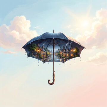 Surreal illustration of a single elegant umbrella floating against a clean pastel sky, beneath the umbrella exists a tiny rainy world with miniature streets 