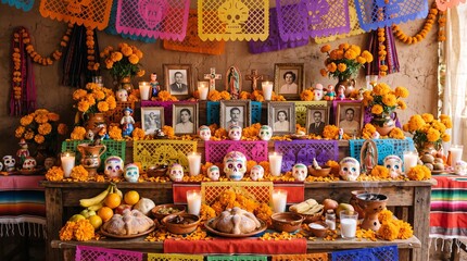 Fototapeta premium Dia de los Muertos altar with marigolds skulls and photos