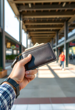 Person holding a dark leather wallet with cash inside, financial management and spending money outdoors