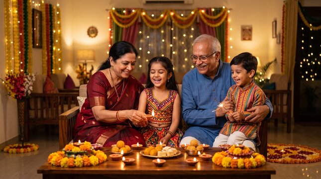 Indian Family Celebrates Diwali Festival with Diyas and Sweets