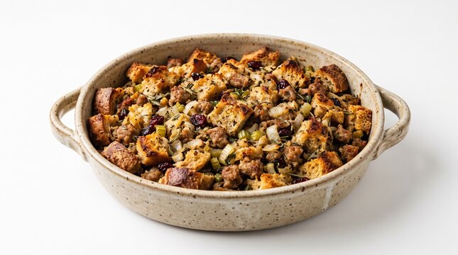 Delicious homemade sausage stuffing with cranberries and herbs in a rustic baking dish
