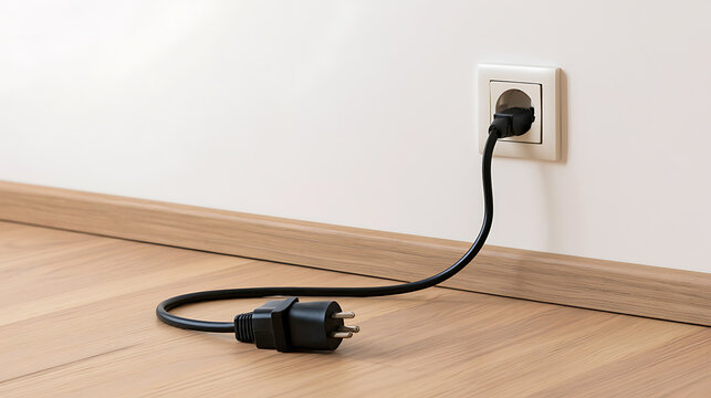 Black electrical cord with one plug inserted into a wall outlet and the other end unplugged resting on a wooden floor