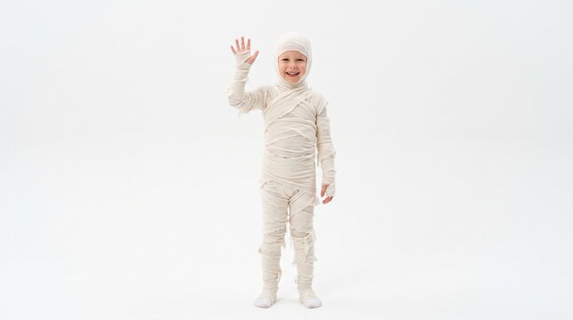 Happy Child in Mummy Costume Waving Hello on White Background