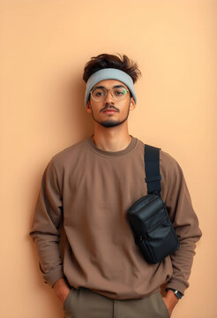 Young man with a light blue headband and round glasses wearing a brown sweatshirt and black shoulder bag, He stands against a neutral background, a casual and modern style