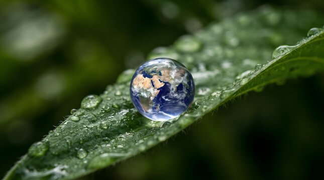 Miniature planet earth inside rain drop on green leaf with environment, precious